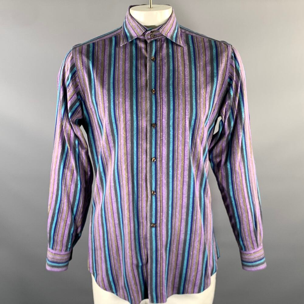 ETRO Size XL Purple Blue Brown Stripe Paisley Long Sleeve Shirt